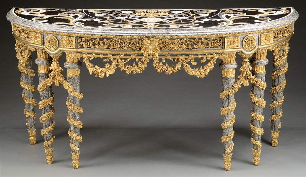 ROCOCO STYLE PIETRA DURA MARBLE CONSOLE WITH MOLDED GILT FLORAL DECORATION.                                                                                                                             