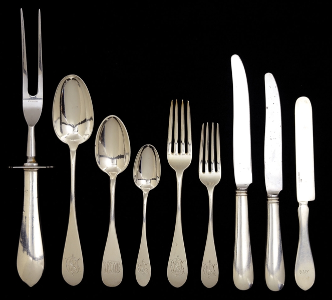 CASED 85 PIECE STERLING FLATWARE SET BY CROSBY, MORSE & FOSS ALONG WITH 12 SHREVE, CRUMP & LOW STERLING SPOONS AND CARVING FORK.                                                                        
