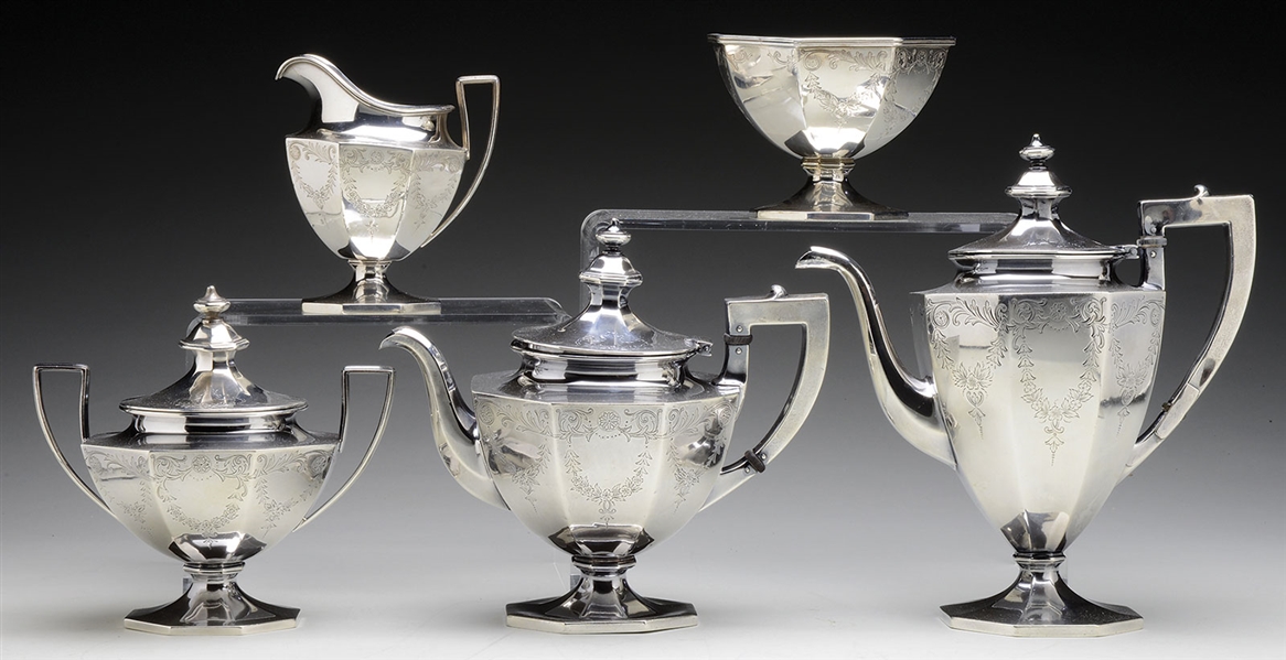 FIVE PIECE STERLING SILVER TEA AND COFFEE SERVICE BY GORHAM.                                                                                                                                            