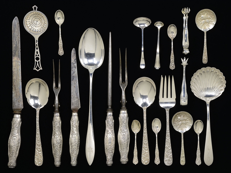 LOT OF FANCY STERLING SILVER FLATWARE PIECES INCLUDING TIFFANY & KIRK.                                                                                                                                  