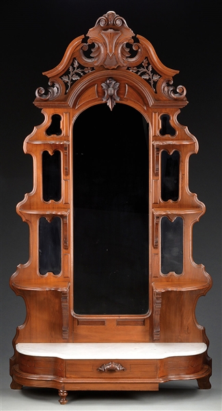ORNATE CARVED WALNUT VICTORIAN MARBLE TOP ETAGERE.                                                                                                                                                      