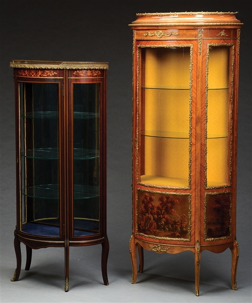 VERNI MARTIN DISPLAY CABINET TOGETHER WITH A MAHOGANY MARQUETRY EXAMPLE.                                                                                                                                