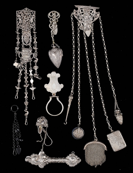 ASSORTED LOT OF SILVER CHATELAINES AND ACCESSORIES.                                                                                                                                                     