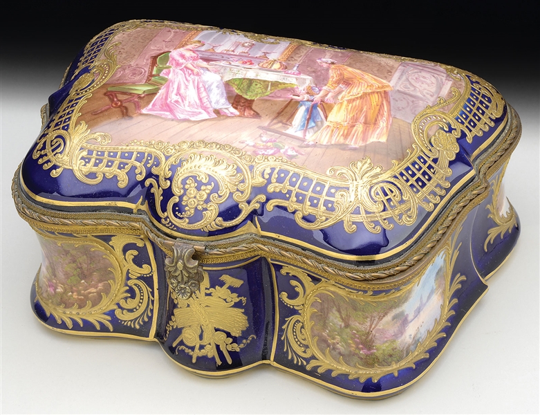 FRENCH HAND PAINTED PORCELAIN ORMOLU MOUNTED JEWELRY BOX.                                                                                                                                               