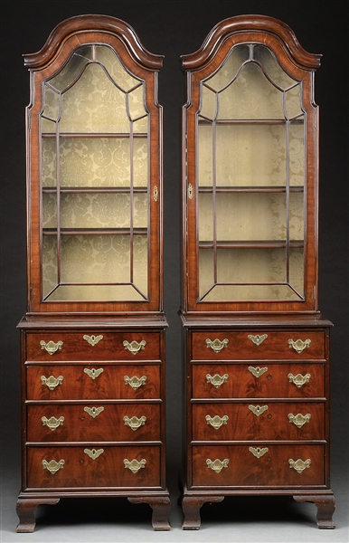 PAIR OF QUEEN ANNE STYLE MAHOGANY AND WALNUT DISPLAY CABINETS.                                                                                                                                          