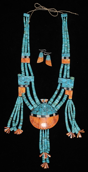 LARGE DECORATIVE NAVAJO TURQUOISE AND OYSTER SHELL NECKLACE WITH MATCHING EARRINGS.                                                                                                                     