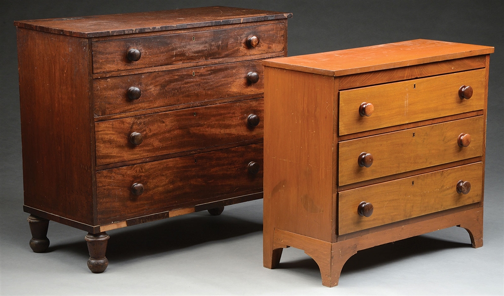 WILLIAM IV FOUR DRAWER MAHOGANY CHEST TOGETHER WITH FEDERAL PINE THREE DRAWER CHEST.                                                                                                                    