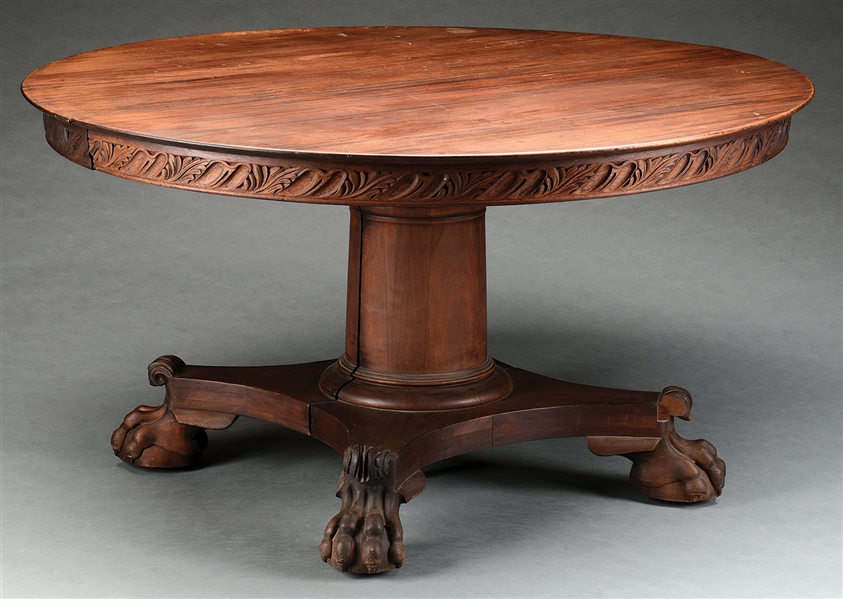 CARVED ROUND MAHOGANY CLAWFOOT BANQUET TABLE.                                                                                                                                                           