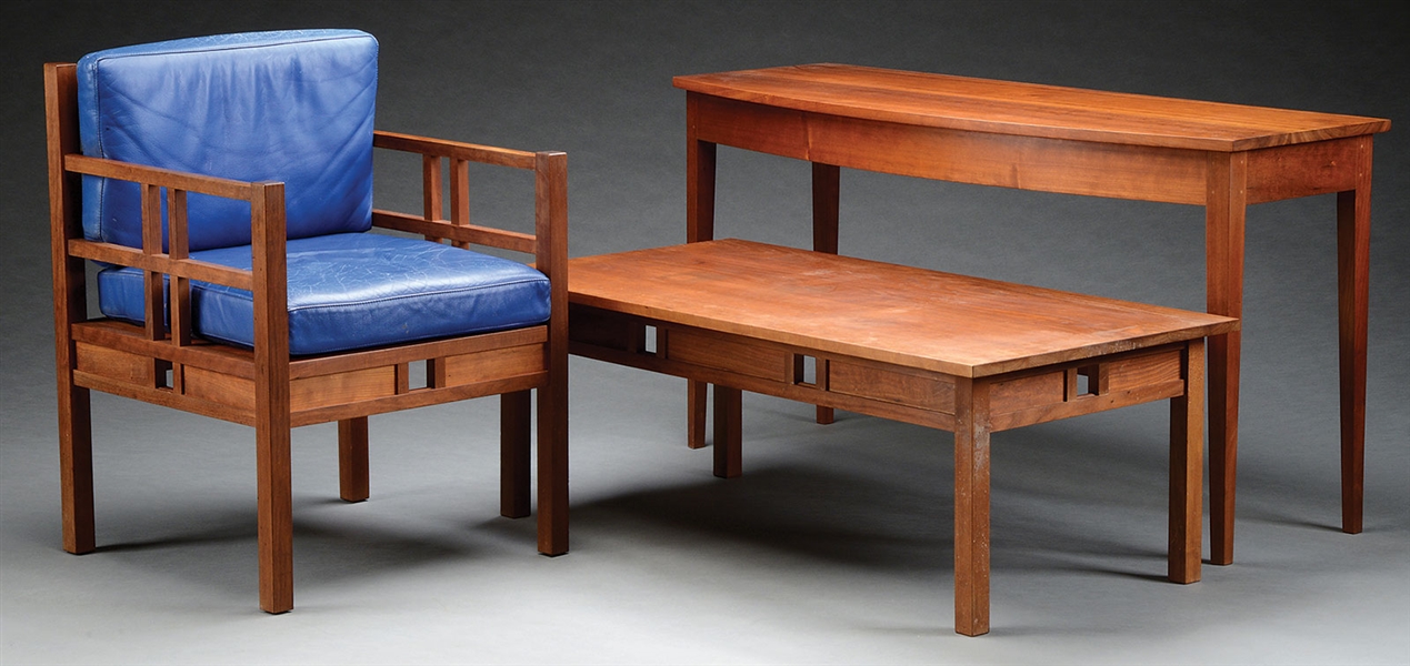 THOS. MOSER CHERRY CONSOLE TOGETHER WITH AN ARMCHAIR AND MATCHING COFFEE TABLE.                                                                                                                         