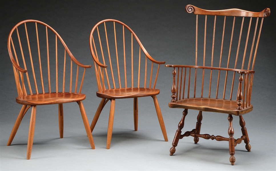 PAIR OF THOS. MOSER CHERRY BOW-BACK WINDSOR ARMCHAIRS TOGETHER WITH A STICKLEY CHERRY FAN-BACK WINDSOR ARMCHAIR.                                                                                        