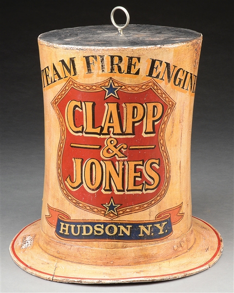LARGE OVERSIZED TOP HAT TRADE SIGN FOR CLAPP & JONES STEAM FIRE ENGINES, HUDSON, NEW YORK.                                                                                                              