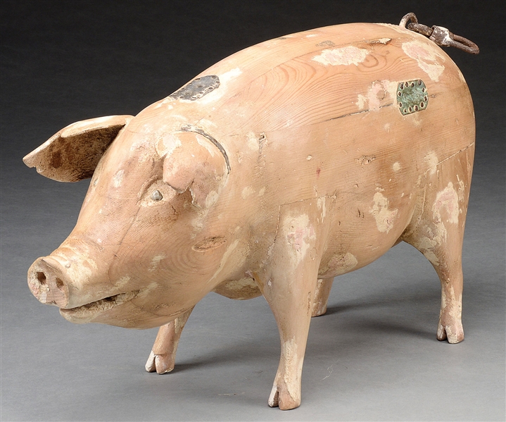 UNIQUE CARVED PINE STANDING PIG TRADE SIGN.                                                                                                                                                             