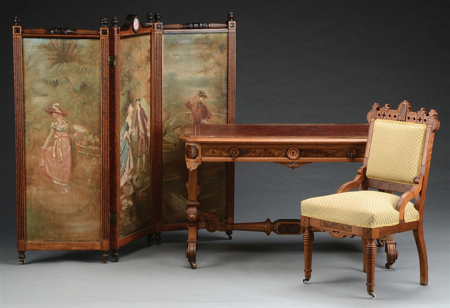 AESTHETIC MOVEMENT WALNUT THREE-FOLD DRESSING SCREEN, WALNUT WRITING TABLE, AND EASTLAKE WALNUT UPHOLSTERED SIDE CHAIR.                                                                                 