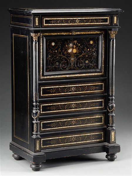 FINE EBONIZED MARQUETRY SECRETAIRE A ABATTANT AND MATCHING TALL CHEST.                                                                                                                                  
