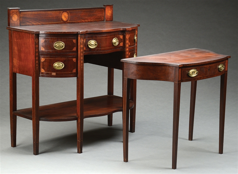 FINE BENCHMADE INLAID MAHOGANY SIDEBOARD TOGETHER WITH FEDERAL STYLE SERVING TABLE.                                                                                                                     