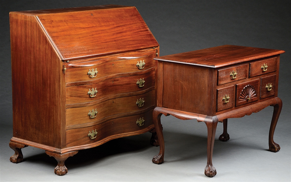 CHIPPENDALE STYLE MAHOGANY LOWBOY TOGETHER WITH A GOVERNOR WINTHROP MAHOGANY SLANT LID DESK.                                                                                                            