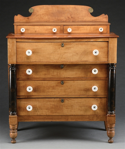SHERATON TIGER MAPLE AND EBONIZED CHEST OF DRAWERS WITH SANDWICH GLASS HARDWARE.                                                                                                                        
