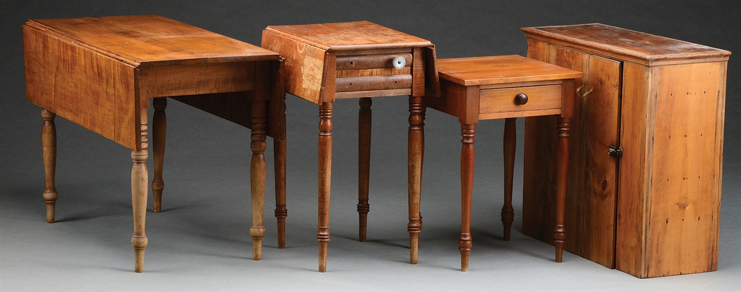 SHERATON TIGER MAPLE DROP LEAF TABLE, SMALL PINE CABINET, AND TWO SHERATON STANDS.                                                                                                                      
