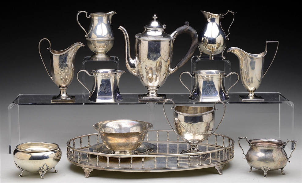 LOT OF STERLING SILVER SUGARS AND CREAMERS AND THREE PIECE TEA SET WITH GALLERY TRAY.                                                                                                                   