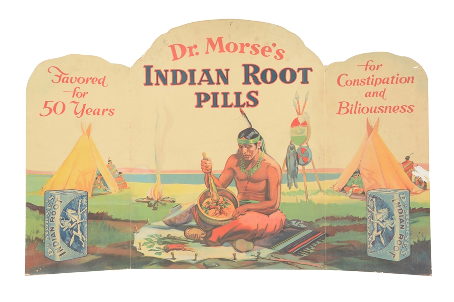 DR. MORSES INDIAN ROOT PILLS CARDBOARD TRI-FOLD SIGN. 