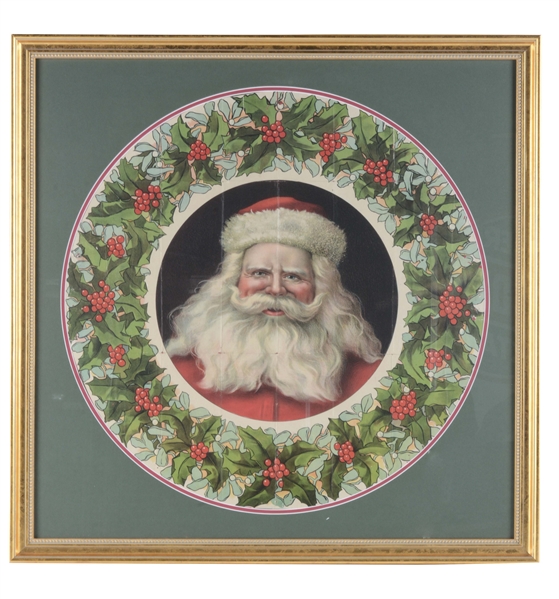 LARGE FRAMED SANTA CLAUS PORTRAIT SURROUNDED BY HOLLY WREATH.