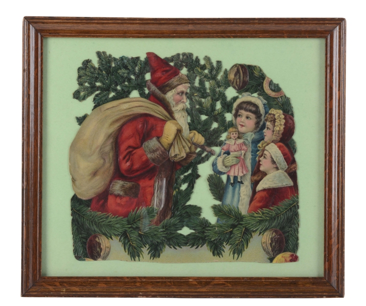 FRAMED EARLY SANTA CLAUS AND CHILDREN DIE-CUT.