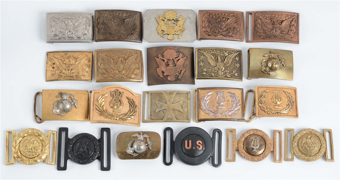 LOT OF 23: VARIOUS 19TH-20TH CENTURY AMERICAN MILITARY & BAND BELT BUCKLES.
