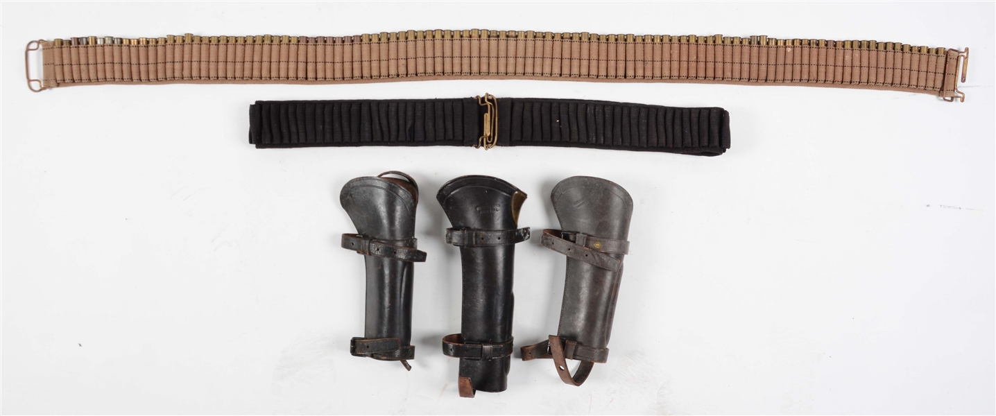 LOT OF 5: U.S. ARMY INDIAN WARS CARBINE BOOTS & WEBBING BANDOLIERS.