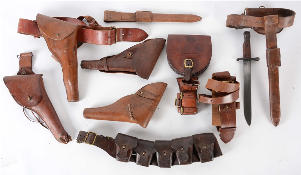 LOT OF 9: BRITISH WWI LEATHER ACCOUTREMENTS.