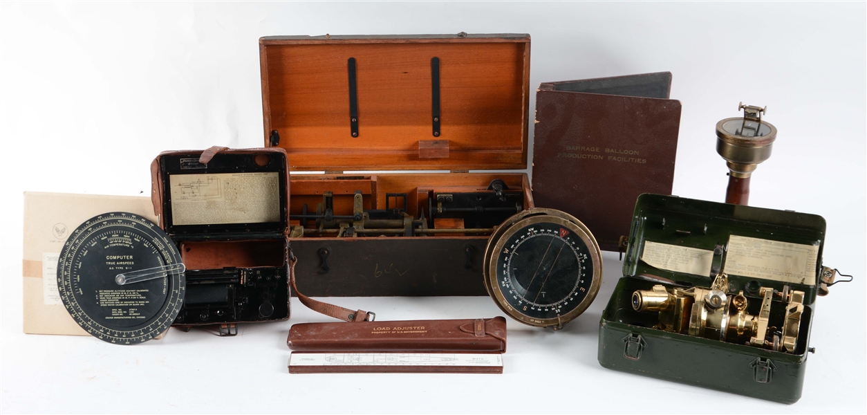 LOT OF 9: WWI & WWII MILITARY OPTICAL & TECHNICAL INSTRUMENTS.