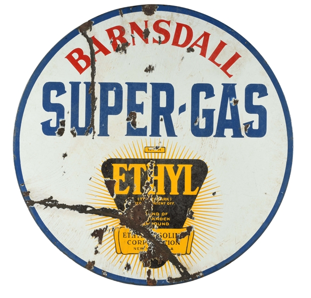 BARNSDALL SUPER GAS PORCELAIN SIGN WITH ETHYL BURST GRAPHIC. 