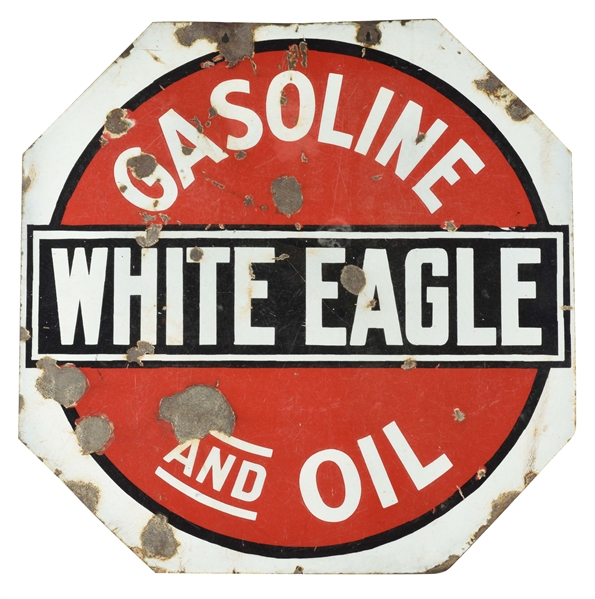 WHITE EAGLE GASOLINE & OIL OCTAGON SHAPED PORCELAIN CURB SIGN.