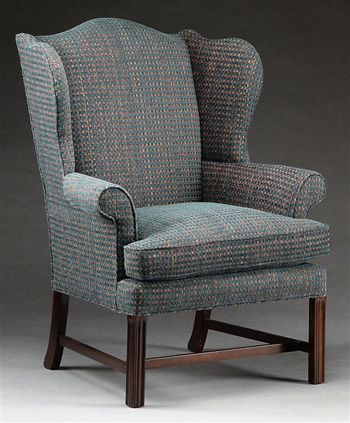 CHIPPENDALE STYLE CUSTOM MAHOGANY WING CHAIR.                                                                                                                                                           