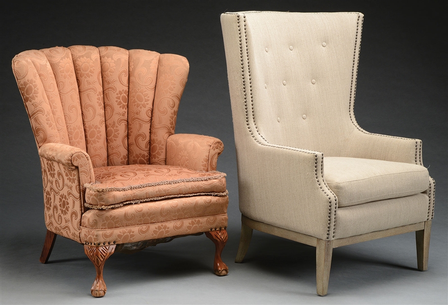 TWO BARREL BACK ARMCHAIRS.                                                                                                                                                                              