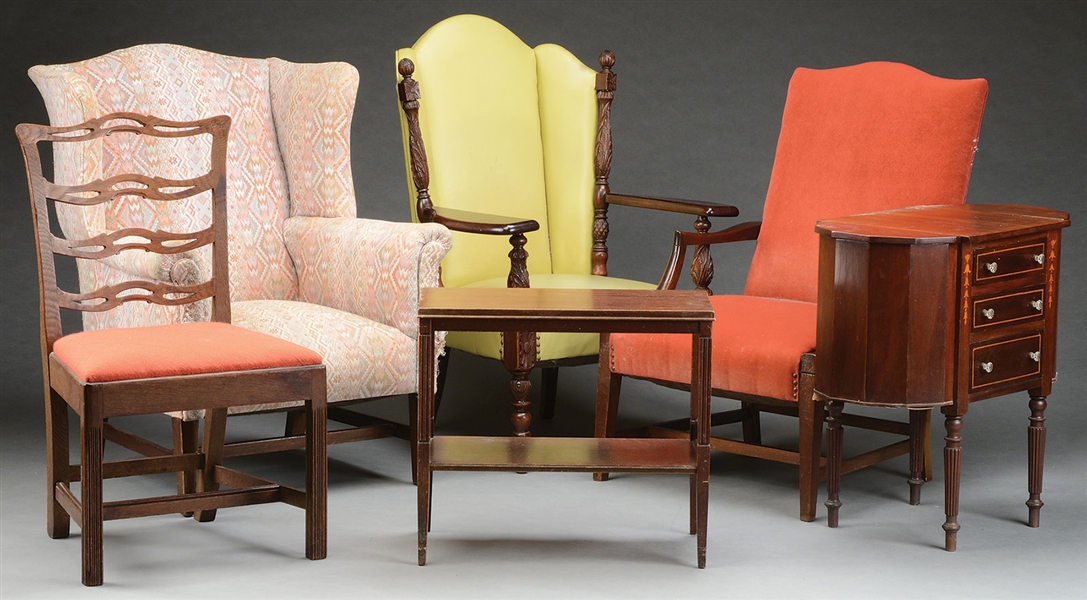 THREE UPHOLSTERED ARMCHAIRS, RIBBON BACK SIDE CHAIR, MARTHA WASHINGTON SEWING TABLE, AND SIDE TABLE.                                                                                                    