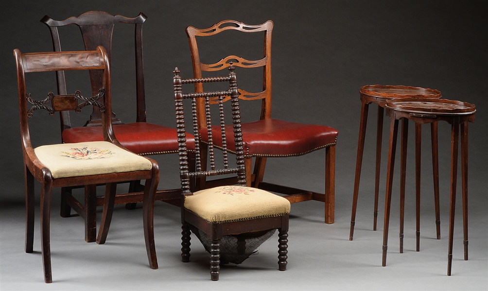 GROUP OF FOUR CHAIRS TOGETHER WITH PAIR OF MAHOGANY STANDS.                                                                                                                                             