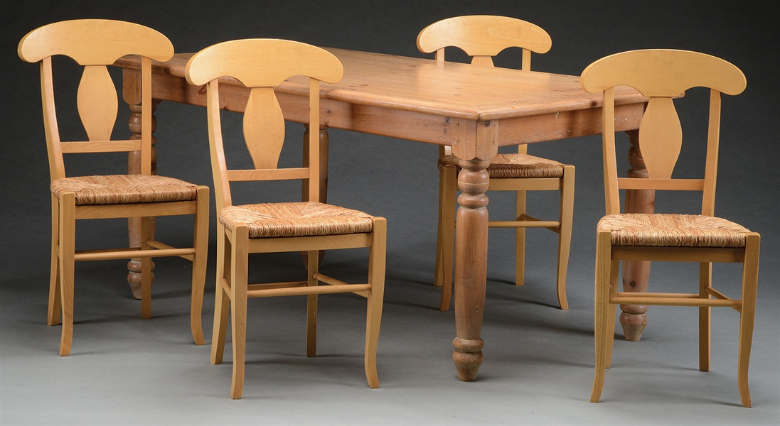 PINE FARMHOUSE TABLE TOGETHER WITH FOUR FRENCH STYLE COUNTRY BEECH URN-BACK CHAIRS.                                                                                                                     