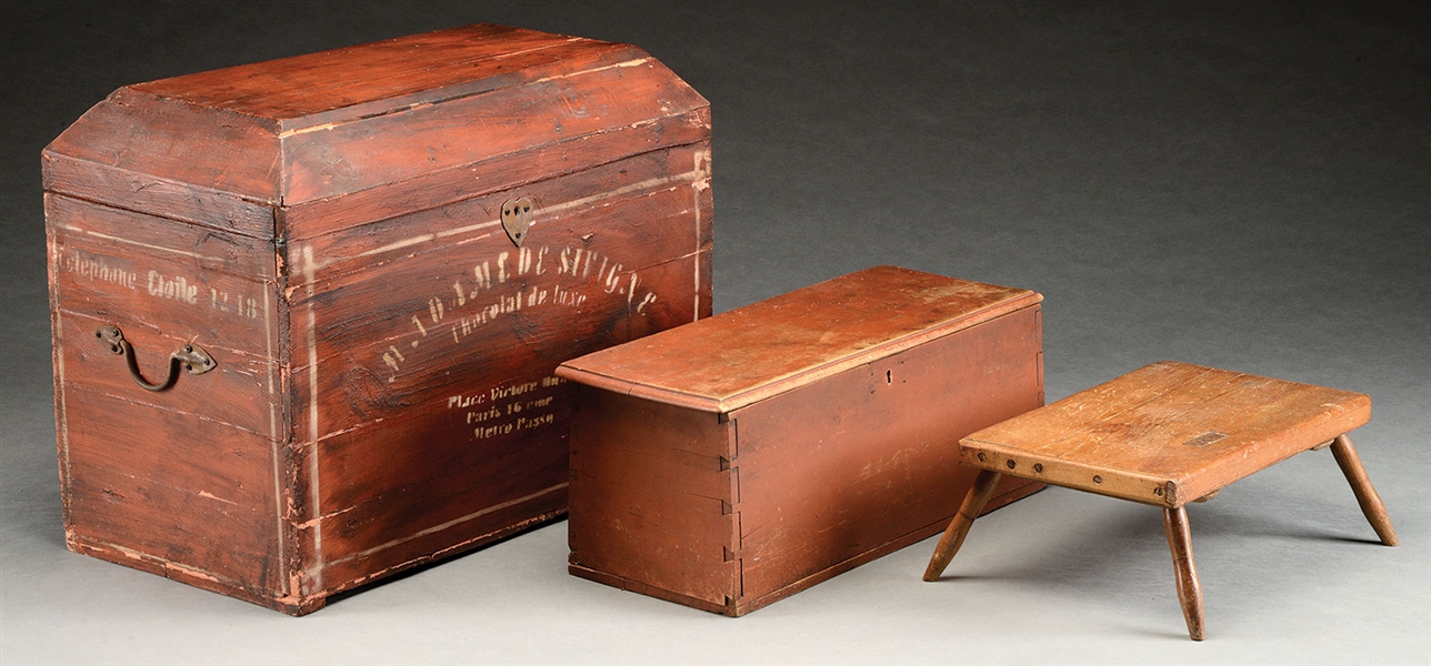 TWO PAINTED CHESTS AND CRICKET STOOL.                                                                                                                                                                   