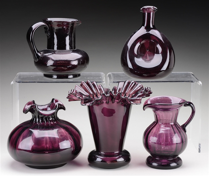 GROUP OF FIVE AMETHYST GLASS VESSELS.                                                                                                                                                                   