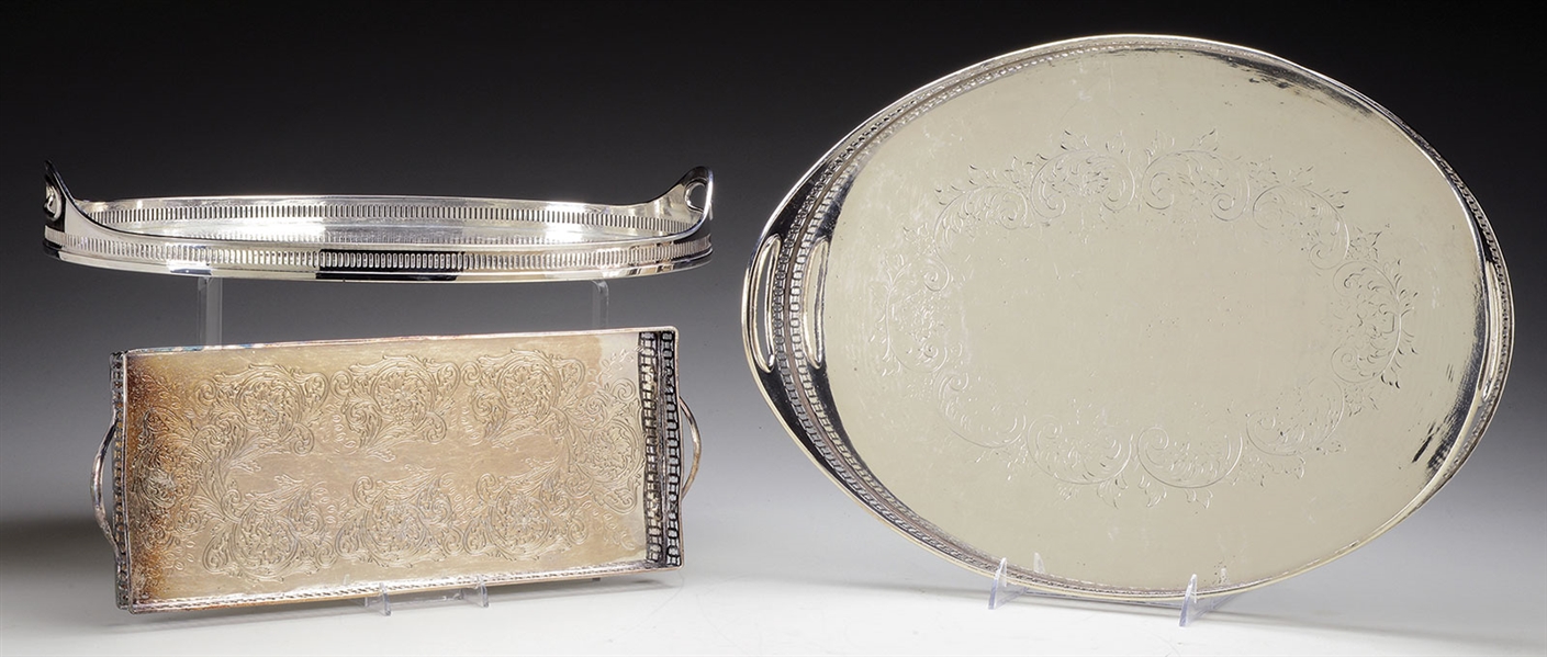 THREE SILVER PLATED GALLERY SIDED TRAYS.                                                                                                                                                                