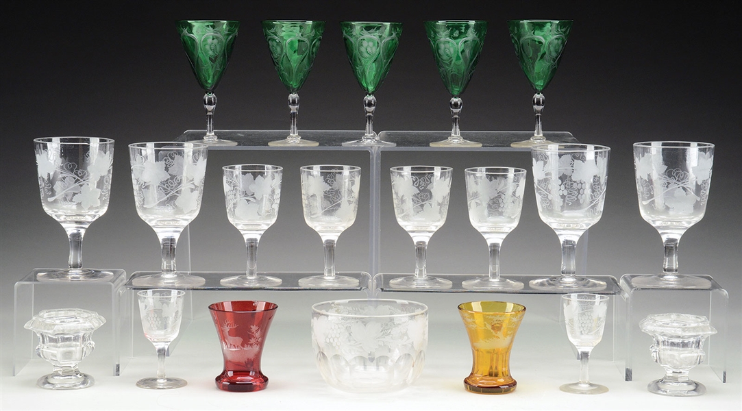 TWENTY PIECES OF CLEAR AND COLORED STEMWARE AND MISCELLANEOUS.                                                                                                                                          
