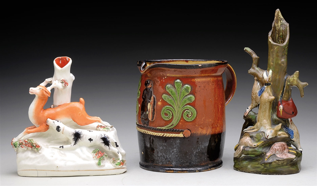 THREE PIECES OF DECORATED POTTERY.                                                                                                                                                                      