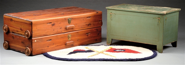 TWO CEDAR STORAGE TRUNKS, CHILDS TOY CHEST AND HOOKED RUG.                                                                                                                                             