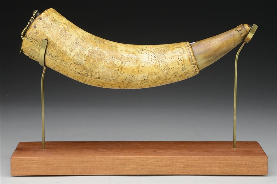 FINE IDENTIFED FRENCH AND INDIAN WAR POWDER HORN OF MOSES WALCUT, FORT EDWARDS, 1758.                                                                                                                   