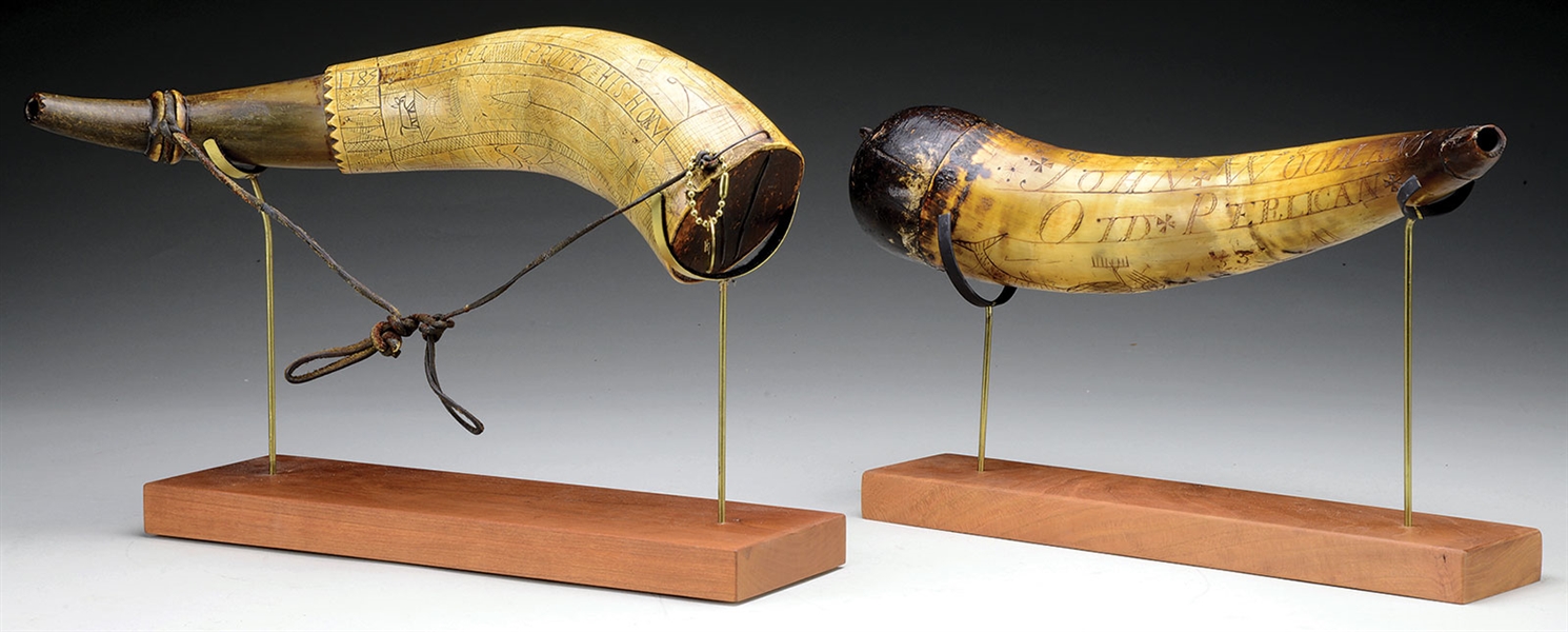 TWO INTERESTING 18TH CENTURY AMERICAN POWDER HORNS OF ELISHA PROUTY, 1785 AND JOHN WOODLAND, OLD PERLICAN.                                                                                              