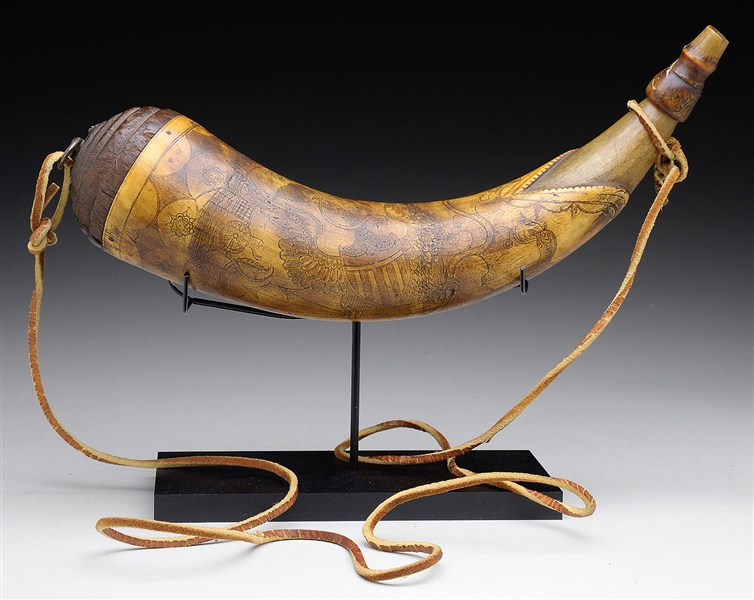 CIRCA 1836 TANSEL FAMILY POWDER HORN FROM DIRECT FAMILY DESCENT, "AS FOUND".                                                                                                                            