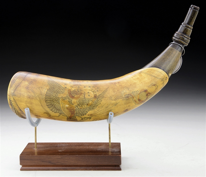 RARE "TIMOTHY TANSEL" SIGNED POWDER HORN WITH GREAT COLLECTOR HISTORY.                                                                                                                                  