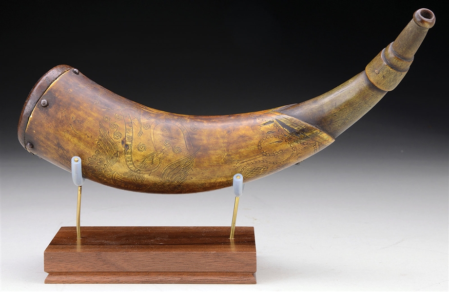 1849 DATED TANSEL STYLE POWDER HORN.                                                                                                                                                                    
