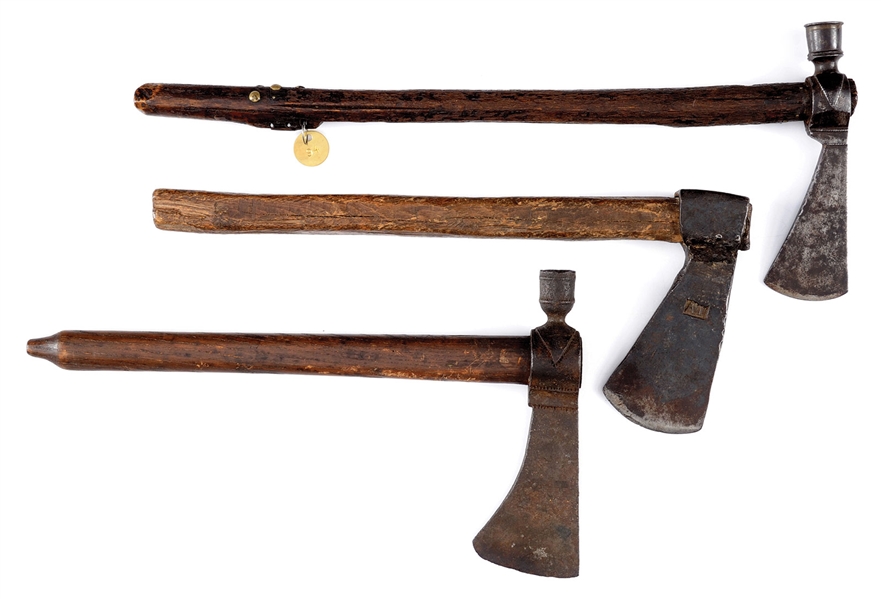 LOT OF TWO 18TH CENTURY PIPE TOMAHAWKS AND EARLY COLONIAL AXE WITH ORIGINAL HAFTS.                                                                                                                      