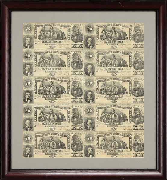 FOUR RARE AND FINE FRAMED FULL SHEETS OF 1861-1862 CONFEDERATE CURRENCY.                                                                                                                                